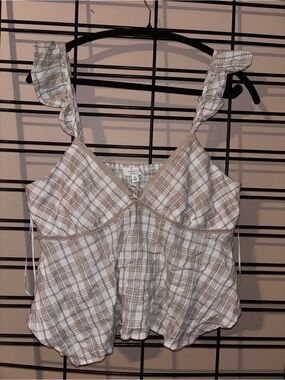 Light Plaid Ruffle-Strap Camisole in Beige and White
